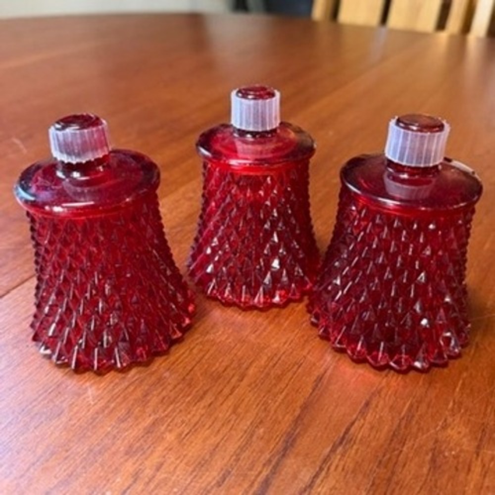 THREE Vintage Ruby Red Glass Hobnail Diamond Point Peg Votive Candle Holders MCM